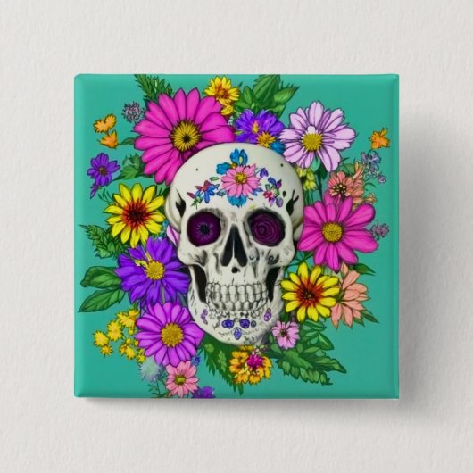 カラフルスカル（花） 缶バッジ (正面)