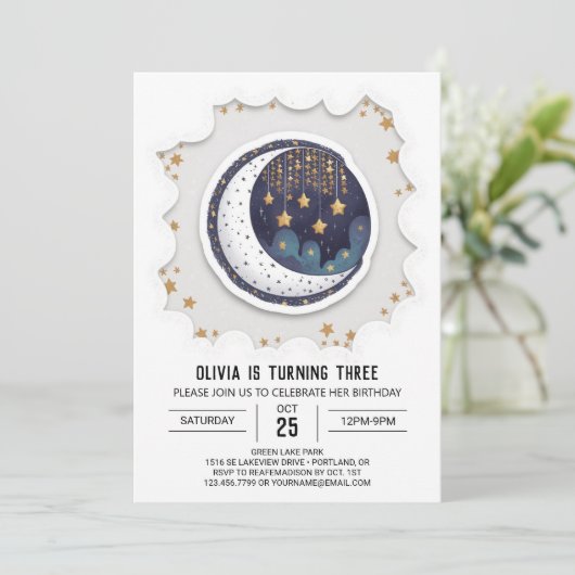 カラフルスターお洒落デジタル誕生日 招待状 (スタンド正面)