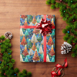 カラフルステンドグラスのクリスマスツリー ラッピングペーパー