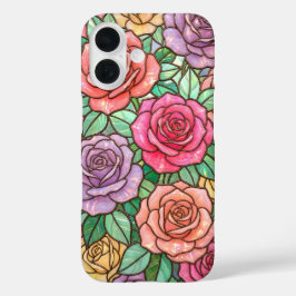 カラフルステンドグラスバラの花の携帯ケース iPhone 16ケース