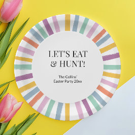 カラフルストライプのモダンキッズイースターエッグ狩りパーティー ペーパープレート