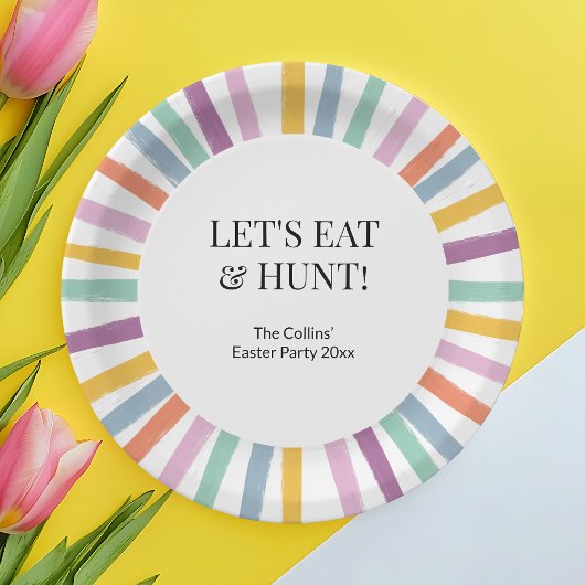 カラフルストライプのモダンキッズイースターエッグ狩りパーティー ペーパープレート