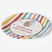 カラフルストライプスの男の子1歳の誕生日フォト ペーパープレート (アングル)
