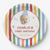 カラフルストライプスの男の子1歳の誕生日フォト ペーパープレート (正面)