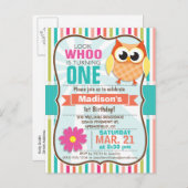 カラフルストライプフクロウ誕生日パーティー インビテーションポストカード (正面/裏面)