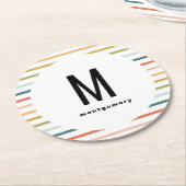 カラフルストライプモノグラムのカクテル ラウンドペーパーコースター (アングル)