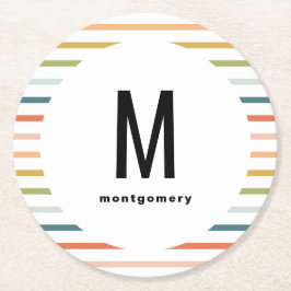 カラフルストライプモノグラムのカクテル ラウンドペーパーコースター
