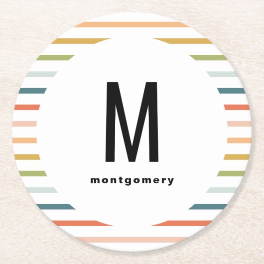 カラフルストライプモノグラムのカクテル ラウンドペーパーコースター (正面)