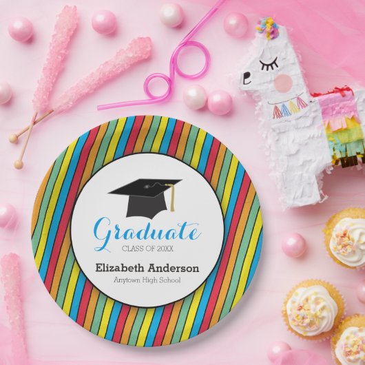 カラフルストライプ卒業式パーソナライズされた ペーパープレート (パーティー)