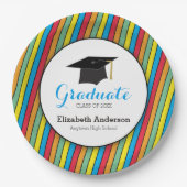 カラフルストライプ卒業式パーソナライズされた ペーパープレート (正面)