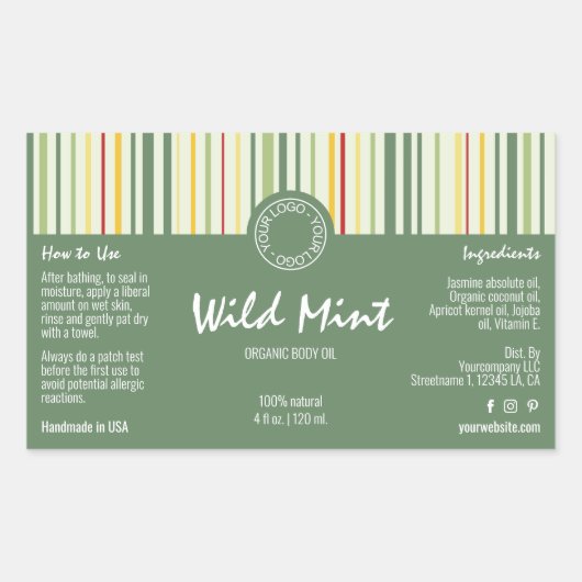 カラフルストライプ線と緑のコスメティックボトルラベル 長方形シール (正面)