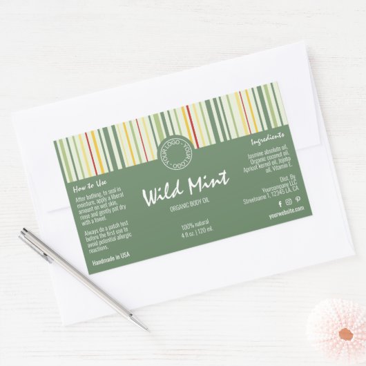 カラフルストライプ線と緑のコスメティックボトルラベル 長方形シール (封筒)