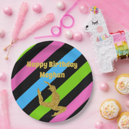 カラフルストライプ金ゴールド体操誕生日ブラック ペーパープレート