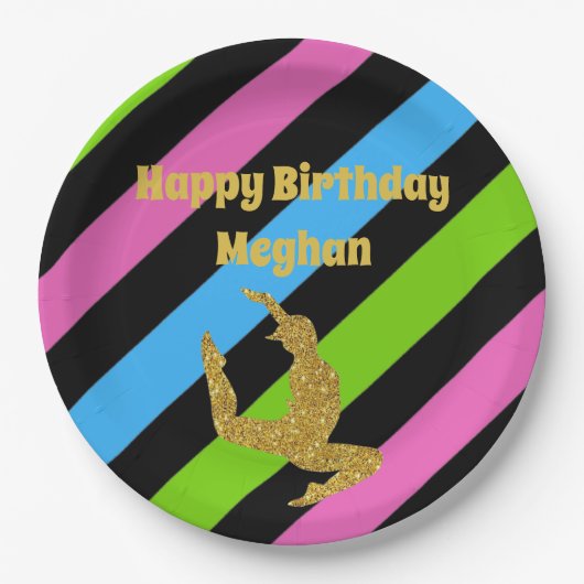 カラフルストライプ金ゴールド体操誕生日ブラック ペーパープレート (正面)