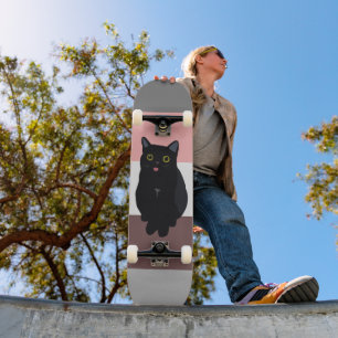 カラフルストライプ黒猫スケッチ スケートボード