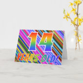 カラフルストライプ+レインボーパターン「14歳!」 カード (黄色い花)