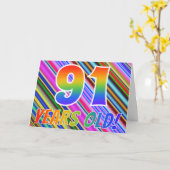 カラフルストライプ+レインボーパターン「91歳!」 カード (黄色い花)
