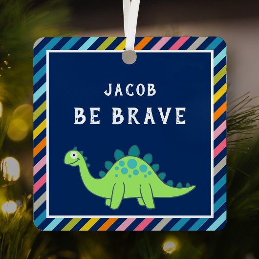 カラフルストライプCute Green Dinosauds Kids Room メタルオーナメント
