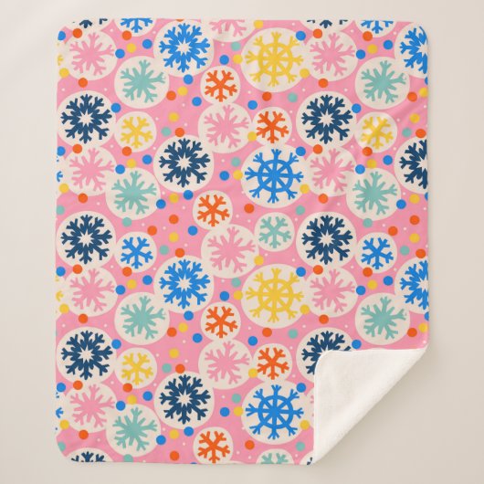 カラフルスノーフレークオンピンクホリデーパターン シェルパブランケット (正面)