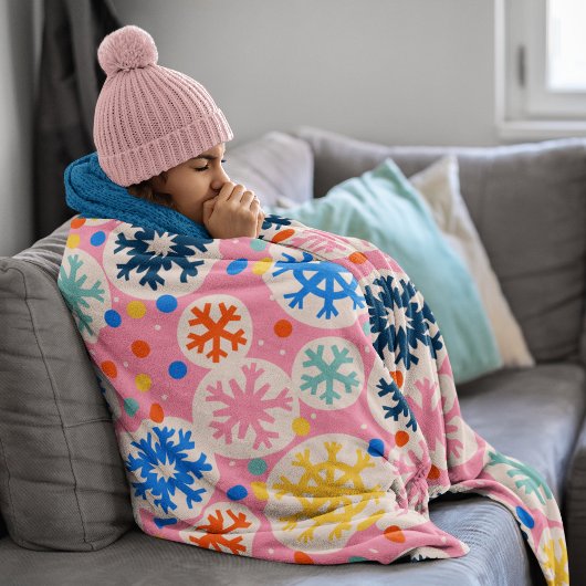 カラフルスノーフレークオンピンクホリデーパターン フリースブランケット