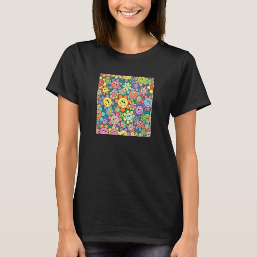 カラフルスマイルフェイス 笑顔のお花の顔 キッズ Tシャツ (正面)
