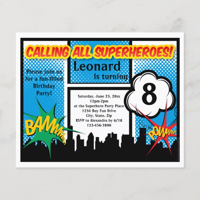 カラフルスーパーヒーロー漫画少年の誕生日パーティー (正面)