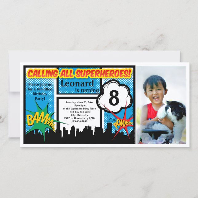 カラフルスーパーヒーロー漫画少年の誕生日パーティー