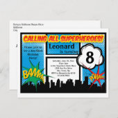 カラフルスーパーヒーロー漫画少年の誕生日パーティー インビテーションポストカード (正面/裏面)