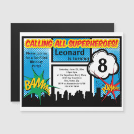 カラフルスーパーヒーロー漫画少年の誕生日パーティー マグネット招待状