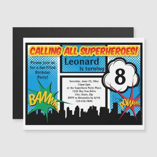 カラフルスーパーヒーロー漫画少年の誕生日パーティー マグネット招待状 (正面/裏面)