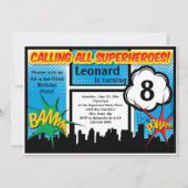 カラフルスーパーヒーロー漫画少年の誕生日パーティー 招待状 (正面)