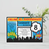 カラフルスーパーヒーロー漫画少年の誕生日パーティー 招待状 (スタンド正面)