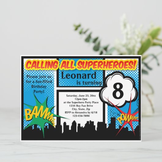 カラフルスーパーヒーロー漫画少年の誕生日パーティー 招待状 (スタンド正面)