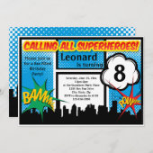 カラフルスーパーヒーロー漫画少年の誕生日パーティー 招待状 (正面/裏面)