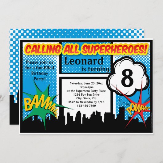 カラフルスーパーヒーロー漫画少年の誕生日パーティー 招待状 (正面/裏面)