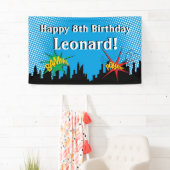 カラフルスーパーヒーロー漫画少年の誕生日パーティー 横断幕 (インサイチュ)