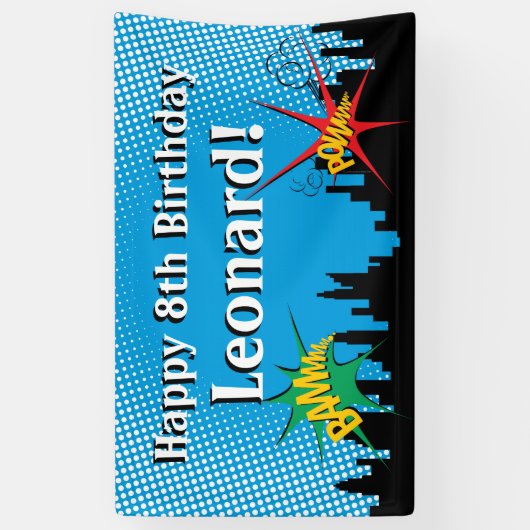 カラフルスーパーヒーロー漫画少年の誕生日パーティー 横断幕 (縦)