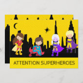 *~*カラフルスーパーヘロス子供の誕生日パーティー 招待状 (正面/裏面)