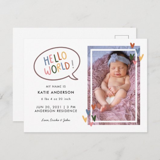 カラフルタイポグラフィハローワールド誕生発表 インビテーションポストカード (正面/裏面)