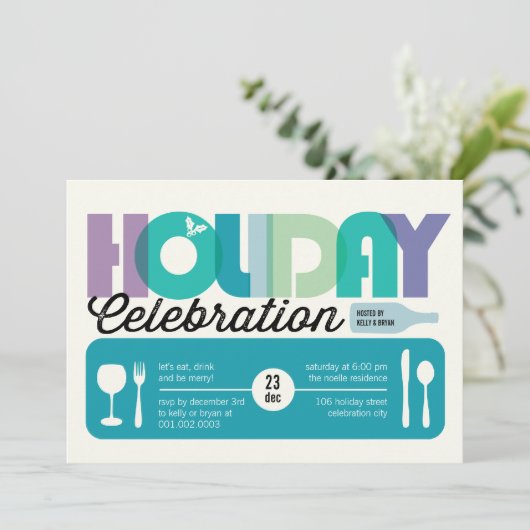 カラフルタイポグラフィモダンホリデーパーティー招待状 招待状 (スタンド正面)