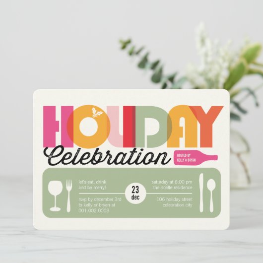 カラフルタイポグラフィモダンホリデーパーティー招待状 招待状 (スタンド正面)