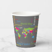 カラフルタイポグラフィワールドマップワモダンードトラベル 紙コップ (正面)