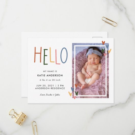 カラフルタイポグラフィHello Birth発表 インビテーションポストカード (正面/裏面インサイチュ)