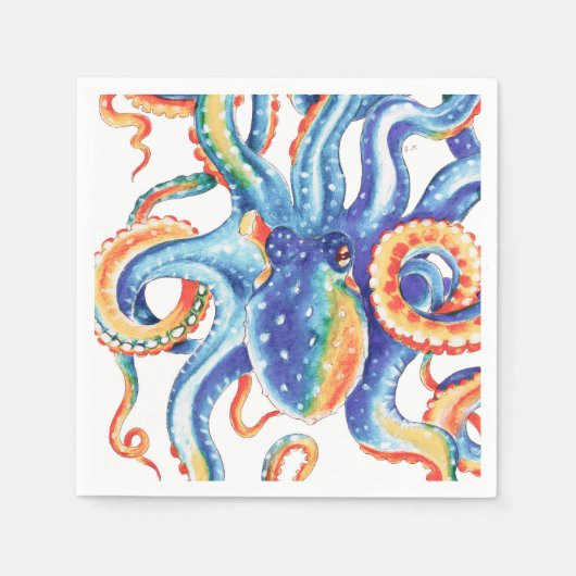 カラフルタコ水彩画 スタンダードカクテルナプキン (正面)