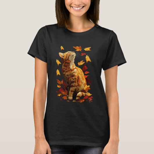 カラフルタビー猫と落ち葉の森の秋 Tシャツ (正面)
