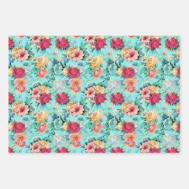 カラフルターコイズフローラ金ゴールドグリッター ラッピングペーパーシート