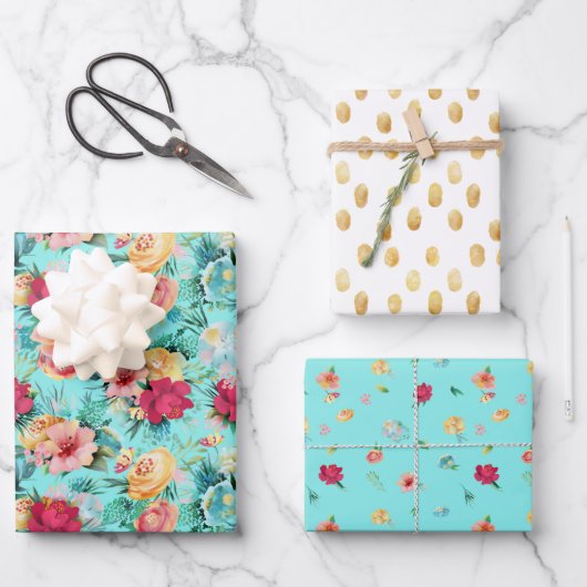 カラフルターコイズフローラ金ゴールドグリッター ラッピングペーパーシート (正面)