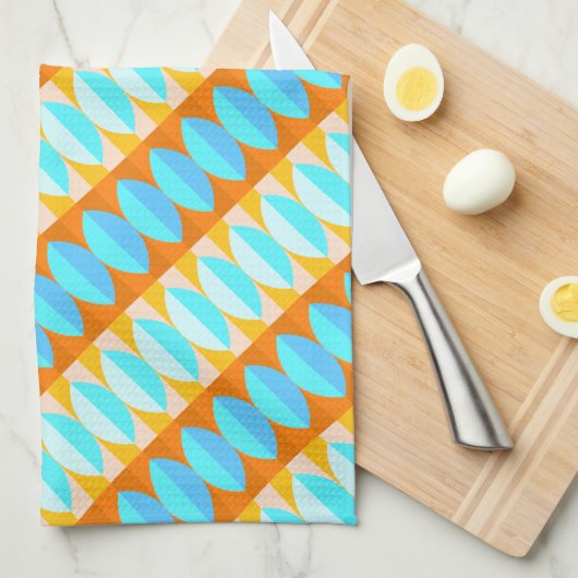 カラフルターコイズブルーオレンジイエローパターン キッチンタオル (四つ折り)
