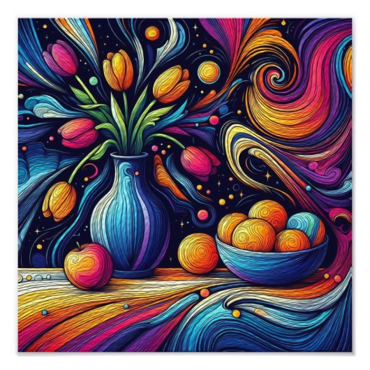 カラフルチューリップと新鮮なオレンジ フォトプリント            (正面)