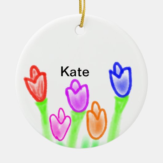カラフルチューリップ水彩追加文字モダン セラミックオーナメント (正面)